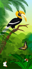 Obraz na płótnie Canvas Vector Jungle rainforest vertical baner with great hornbill and butterflies