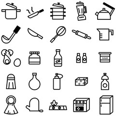 Simple outline of variety kitchenware icon on white background