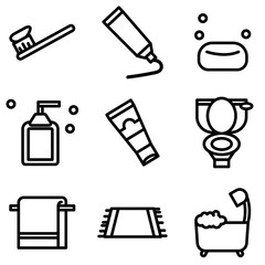 Simple outline of variety equipment in toilet on white background