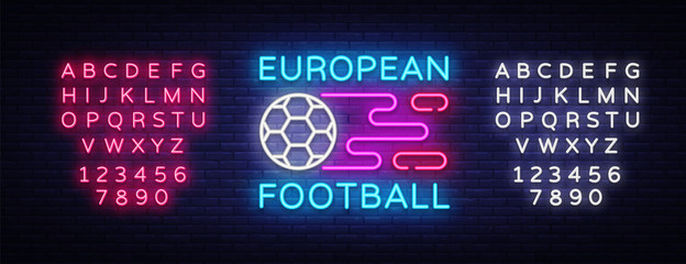 European Football Neon Sign Vector. Soccer Logo neon, design template emblem, online soccer symbol, light banner, bright night football advertising, neon signboard. Vector. Editing text neon sign