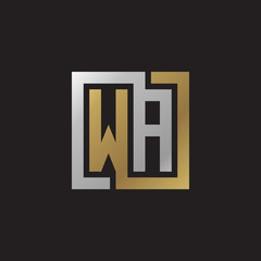 Initial letter WA, looping line, square shape logo, silver gold color on black background