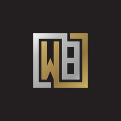 Initial letter WB, looping line, square shape logo, silver gold color on black background