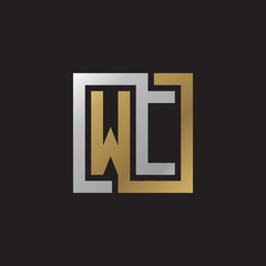 Initial letter WC, looping line, square shape logo, silver gold color on black background