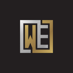 Initial letter WE, looping line, square shape logo, silver gold color on black background