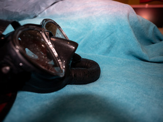 Close-up of snorkeling equipment. Diving goggles and fins.