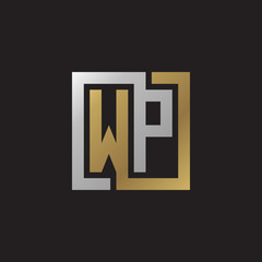 Initial letter WP, looping line, square shape logo, silver gold color on black background