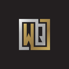 Initial letter WQ, looping line, square shape logo, silver gold color on black background