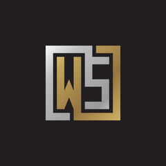 Initial letter WS, looping line, square shape logo, silver gold color on black background
