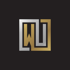 Initial letter WU, looping line, square shape logo, silver gold color on black background