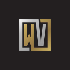 Initial letter WV, looping line, square shape logo, silver gold color on black background