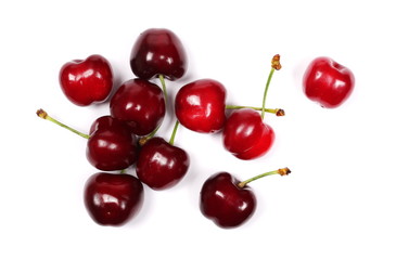 Cherries isolated on white background, top view