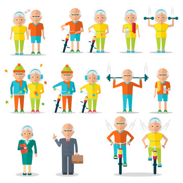 Elderly people, old man and old woman lifestyle. Walking with bikes. Healthy active lifestyle. Sport for grandparents. Objects isolated on a white background. Flat vector illustration.