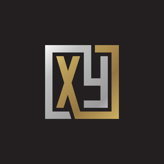 Initial letter XY, looping line, square shape logo, silver gold color on black background