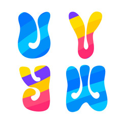 Psychedelic font with colorful pattern. Vintage hippie U V W Y latin letters on white