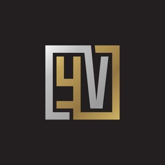 Initial letter YV, looping line, square shape logo, silver gold color on black background