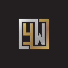 Initial letter YW, looping line, square shape logo, silver gold color on black background