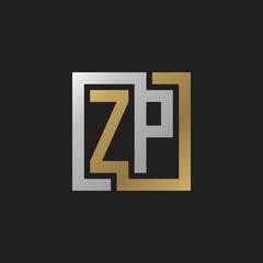 Fototapeta premium Initial letter ZP, looping line, square shape logo, silver gold color on black background