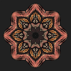 Beautiful mandala ornament in embroidery stitches style, decoration on black background for your design