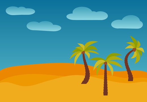 Cartoon nature landscape with three palms in the desert. Vector illustration.
