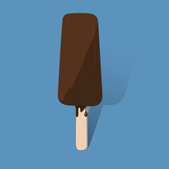 Vector illustration of a chocolate ice cream on a stick, isolated on a blue background. For your design, advertising, printing, web, etc.