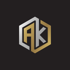 Initial letter AK, looping line, hexagon shape logo, silver gold color on black background