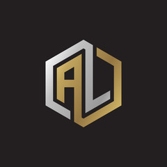 Initial letter AL, looping line, hexagon shape logo, silver gold color on black background