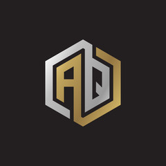 Initial letter AQ, looping line, hexagon shape logo, silver gold color on black background