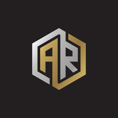 Initial letter AR, looping line, hexagon shape logo, silver gold color on black background
