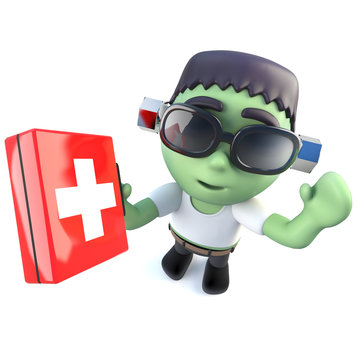 3d Funny cartoon frankenstein monster character holding a first aid kit