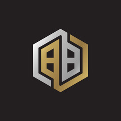 Initial letter BB, looping line, hexagon shape logo, silver gold color on black background