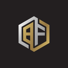 Initial letter BF, looping line, hexagon shape logo, silver gold color on black background