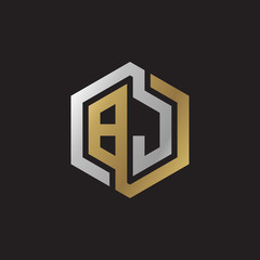 Initial letter BJ, looping line, hexagon shape logo, silver gold color on black background