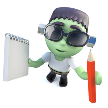 3d Funny cartoon frankenstein monster character holding a pencil and notepad
