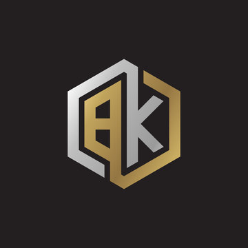 recommend clip art: Initial letter BK, looping line, hexagon shape logo, silver gold color on black background
