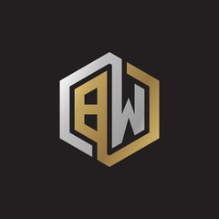 Initial letter BW, looping line, hexagon shape logo, silver gold color on black background