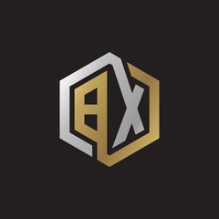 Initial letter BX, looping line, hexagon shape logo, silver gold color on black background