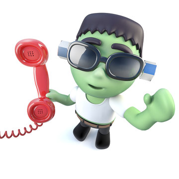3d Funny cartoon frankenstein monster character answering the phone