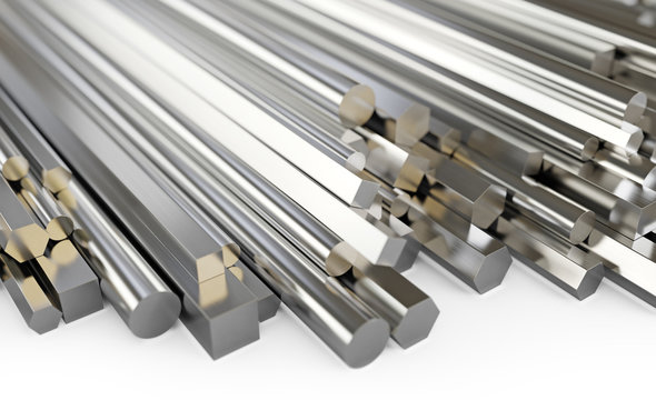 Steel rods of different types. Round, square, hexagonal rolled metal products. Isolated on white background, clipping path included.