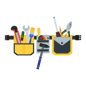 Belt with tools.Conceptual image of tools for repair, construction and builder. Concept image of work wear. Cartoon flat vector illustration. Objects isolated on a background.