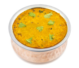 Indian Vegetarian Cuisine Dal Makhani Also Know as Dal Makhni or Daal Makhani is A Popular Dish From Punjab, Cooked With Black Lentil, Red Kidney Beans, Butter And Cream. isolated on White Background