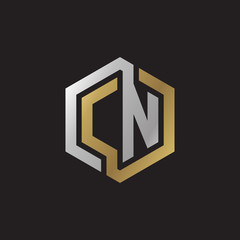 Initial letter CN, looping line, hexagon shape logo, silver gold color on black background