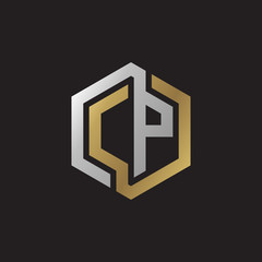 Initial letter CP, looping line, hexagon shape logo, silver gold color on black background