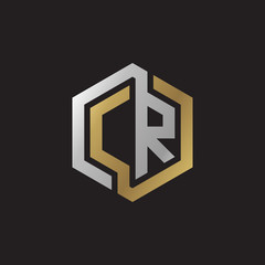 Initial letter CR, looping line, hexagon shape logo, silver gold color on black background