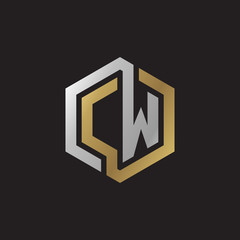 Initial letter CW, looping line, hexagon shape logo, silver gold color on black background