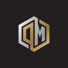 Initial letter DM, OM, looping line, hexagon shape logo, silver gold color on black background