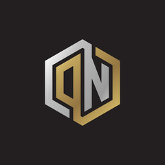 Initial letter DN, ON, looping line, hexagon shape logo, silver gold color on black background