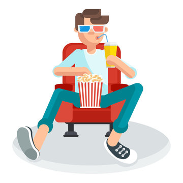 Young teen spectator in a movie theater watching film, 3D movie glasses. It keeps holding popcorn and a soft drink. Flat vector cartoon illustration. Objects isolated on a white background.