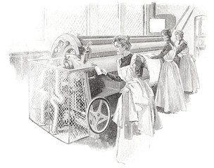 In der Wäscherei: Frauen arbeiten an der Dampfmangel - 205347222