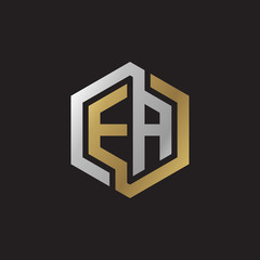 Initial letter EA, looping line, hexagon shape logo, silver gold color on black background