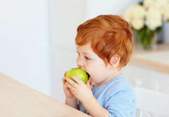 cute redhead toddler baby biting tasty green apple